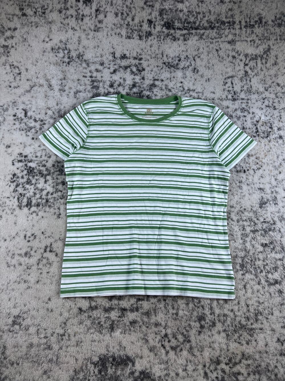 Faded Glory Top Womens XL White Green Crew Neck Striped Classic Lightweight Tee
